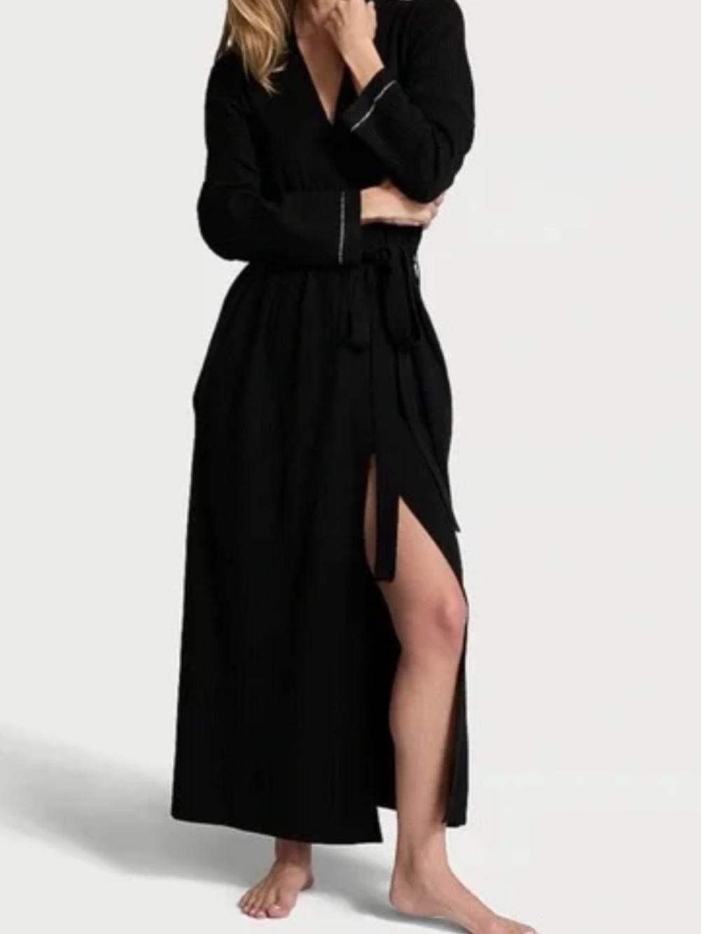 Victoria's Secret Black Long Robe Cable knit with bedazzled sleeves